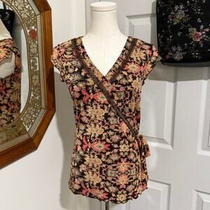 Style & Co Dark Brown & Orange Boho Floral Pattern Faux Wrap Mesh Fairy Top S